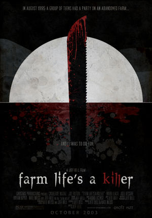 A dark black poster featuring a giant machete sticking in the middle of a blood splattered background.