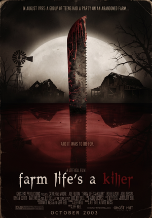 A dark black poster featuring a giant machete sticking in the middle of a blood splattered background.